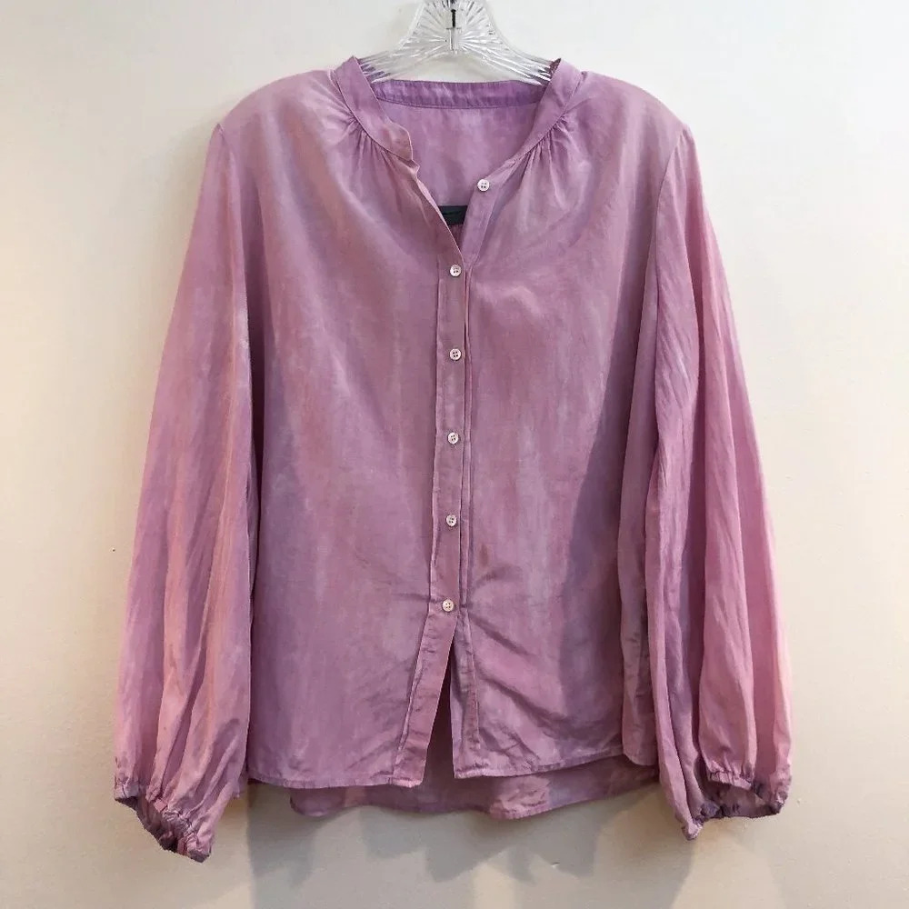 Raquel Allegra Silk Blend Pink Tie Dye Button Down V Neck Long Sleeve Blouse S - Picture 3 of 13